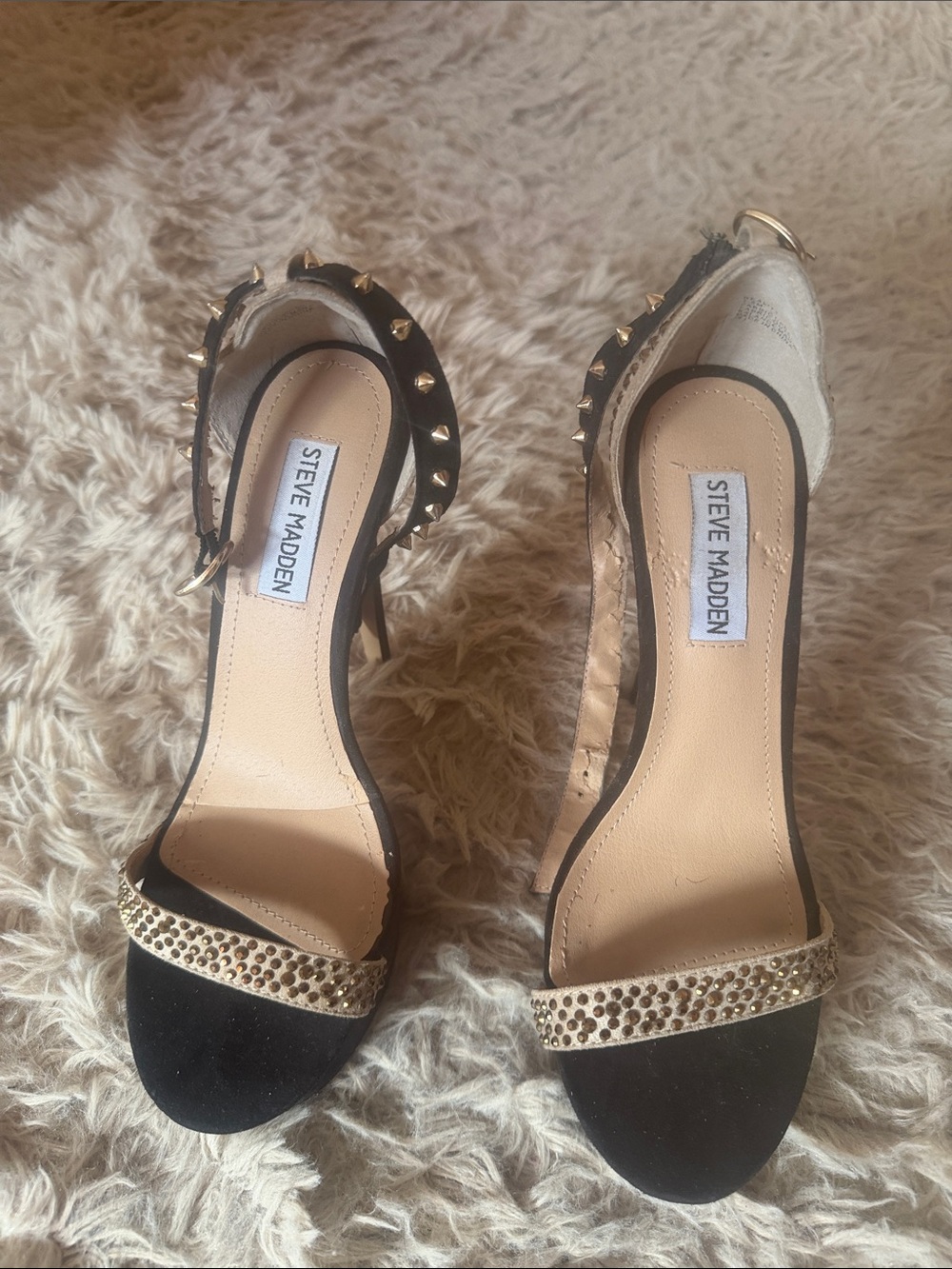 Steve Madden Black and Gold Studded Open-Toe Heels 7.5 like new